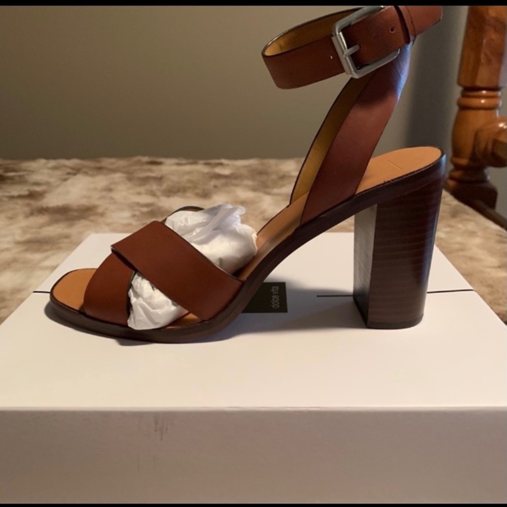 Women's Brown Leather Block Heel Ankle Strap Sandal